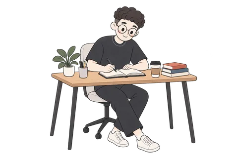 开心坐在桌前，用笔记录想法