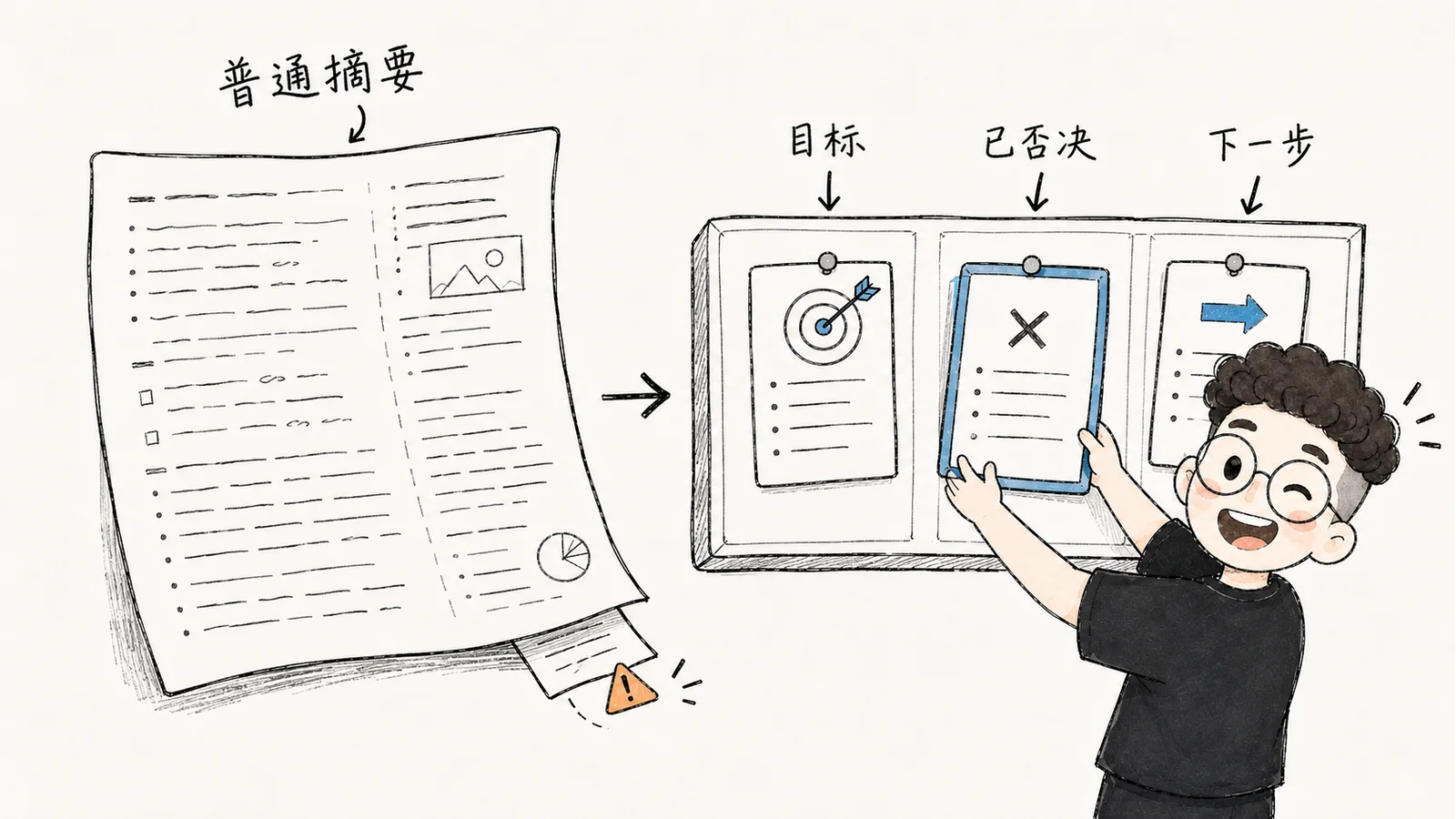 普通摘要磨平约束，结构化交接简报保留目标、否决项和下一步
