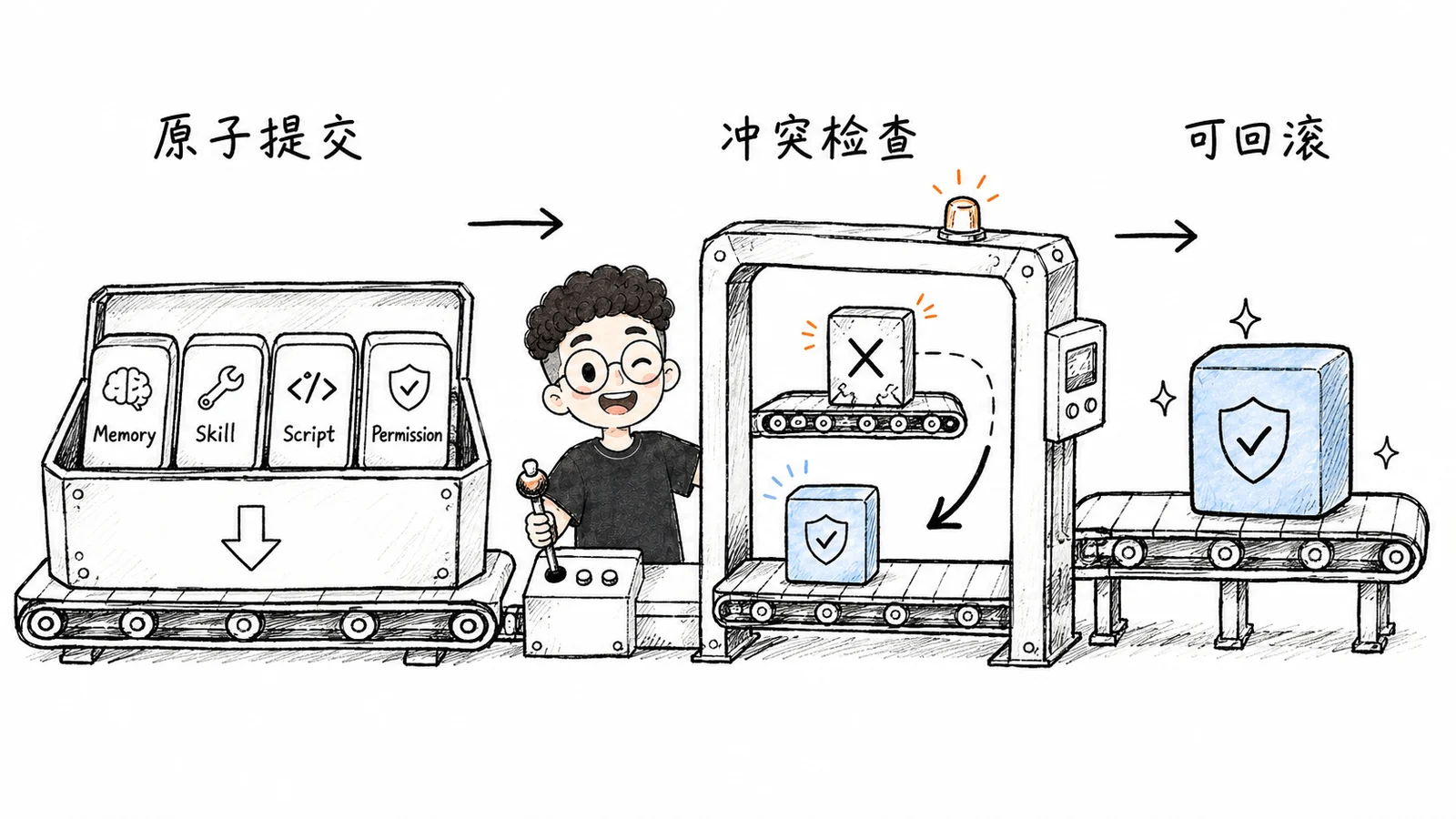原子提交经过冲突检查，失败时回滚到稳定状态