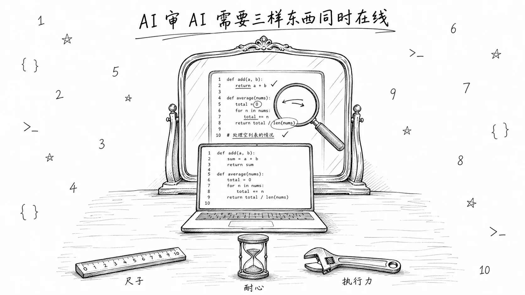 AI照镜子自我审查,桌面三要素:尺子、沙漏、扳手