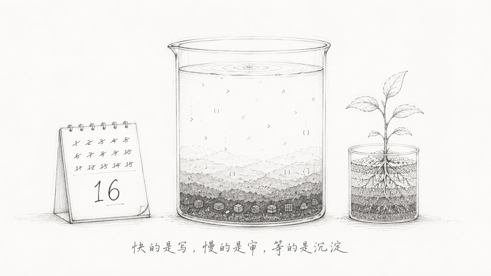 沉淀隐喻:玻璃容器中的沉积层与16天日历