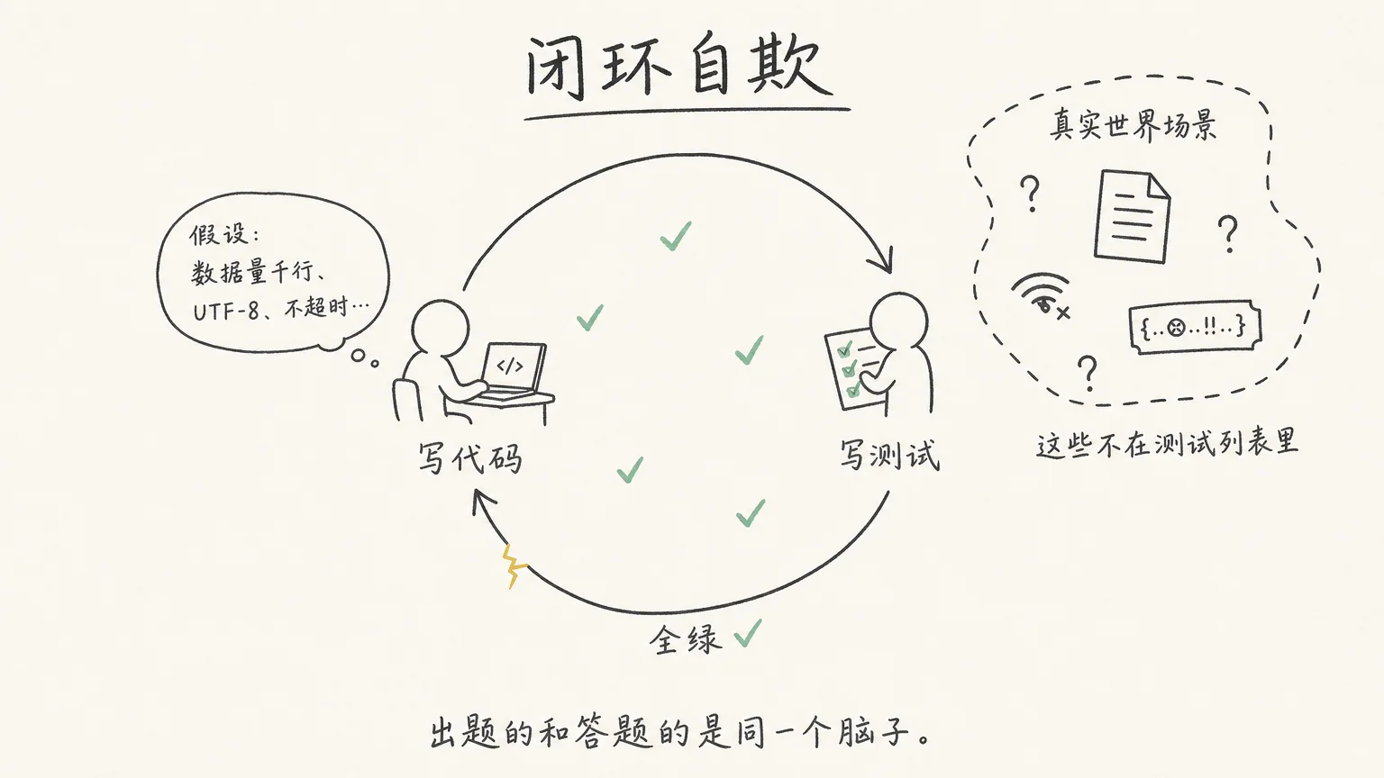 同一个脑子闭环——AI 写代码和写测试共享同一组隐含假设,测试全绿只证明内部一致