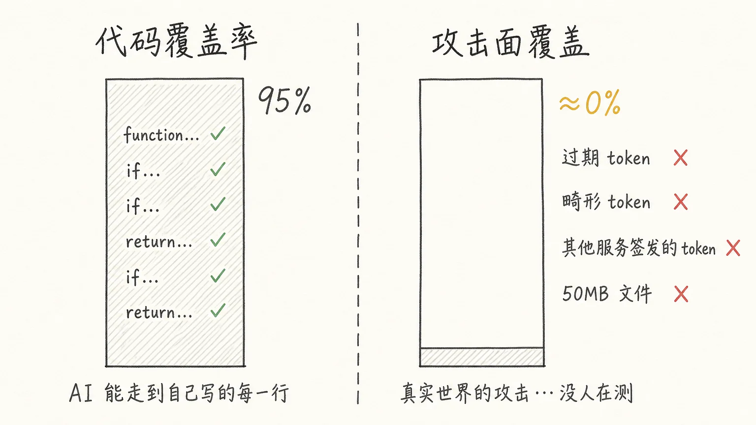 代码覆盖率 95% vs 攻击面覆盖 0%——覆盖率数字是障眼法