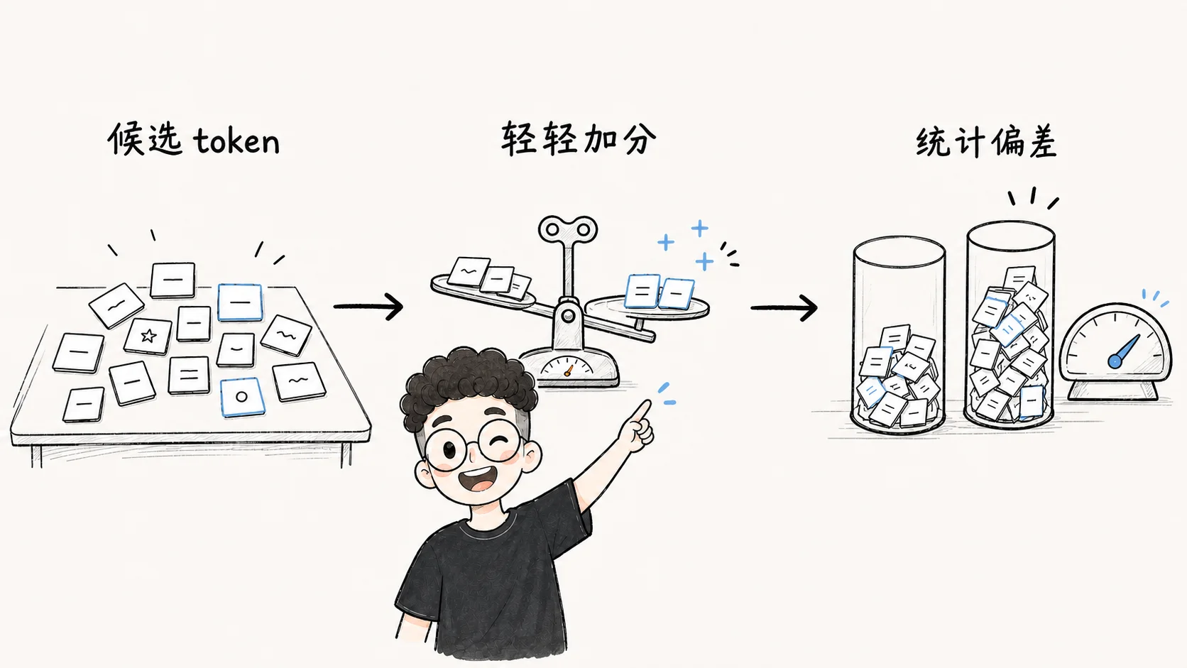 水印在候选 token、轻微加分和统计偏差之间形成