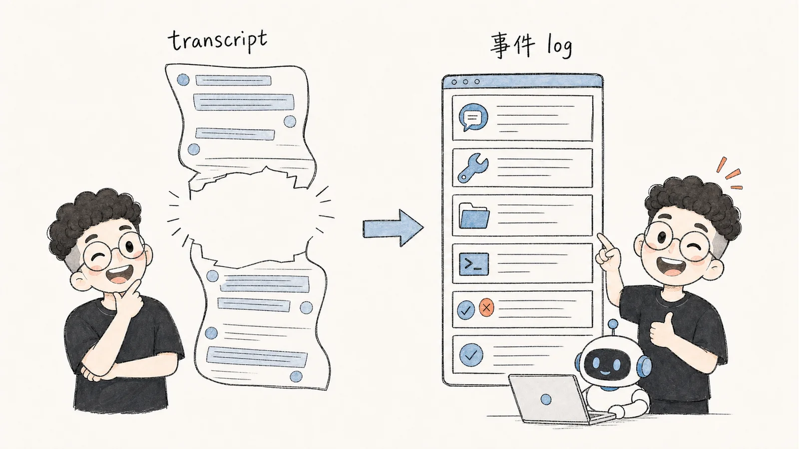 transcript 的缺口与完整事件 log