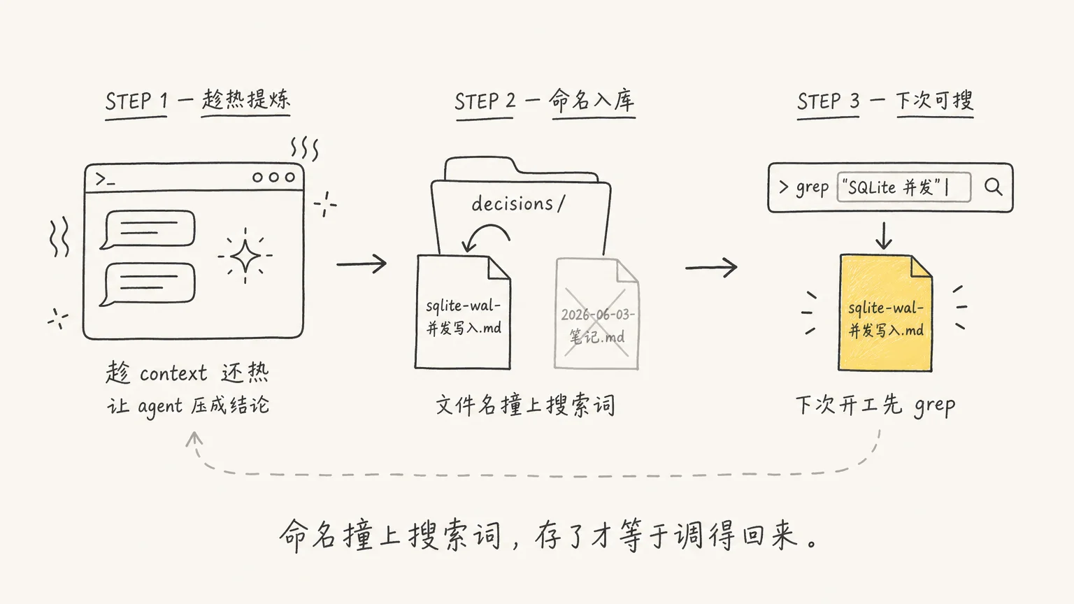 趁热提炼 → 结论入库 → 下次可搜