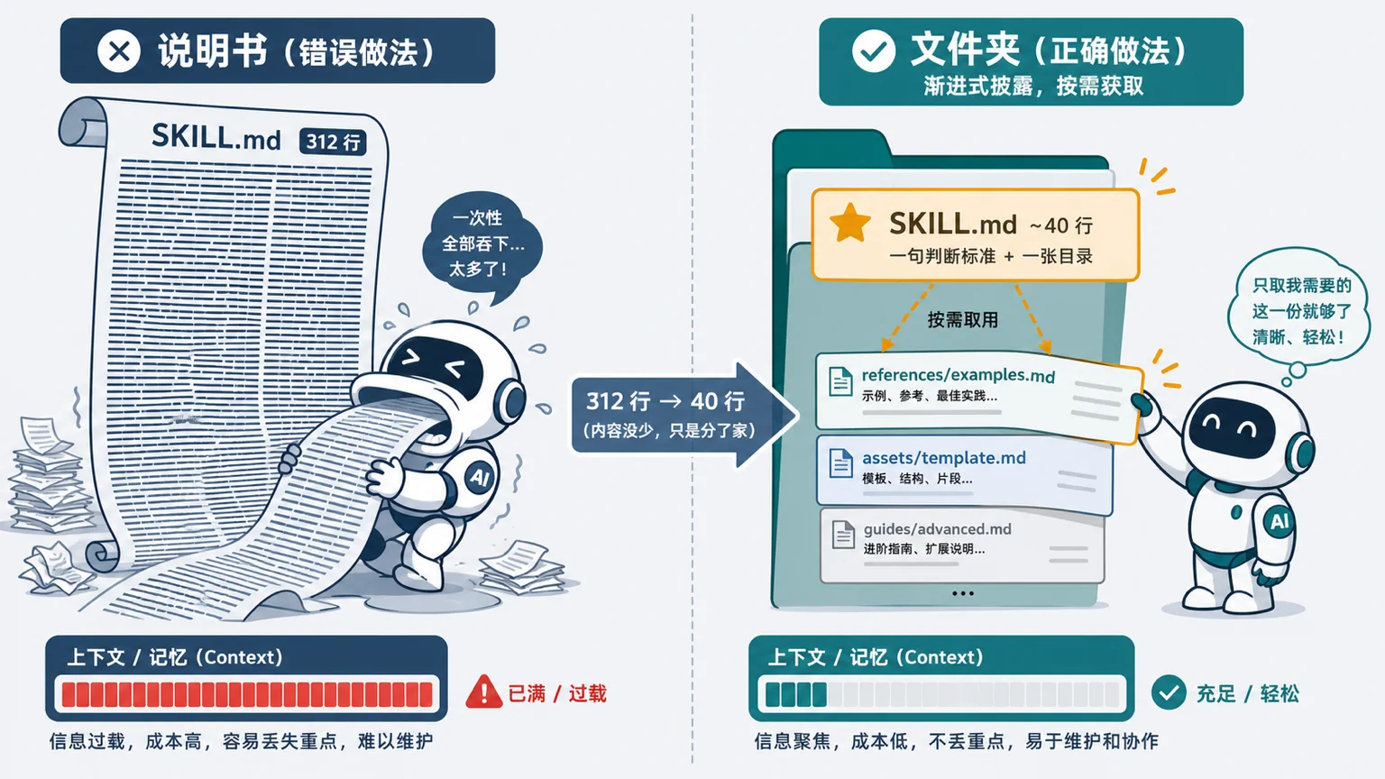progressive disclosure:SKILL.md 是入口,详情分家按需读取