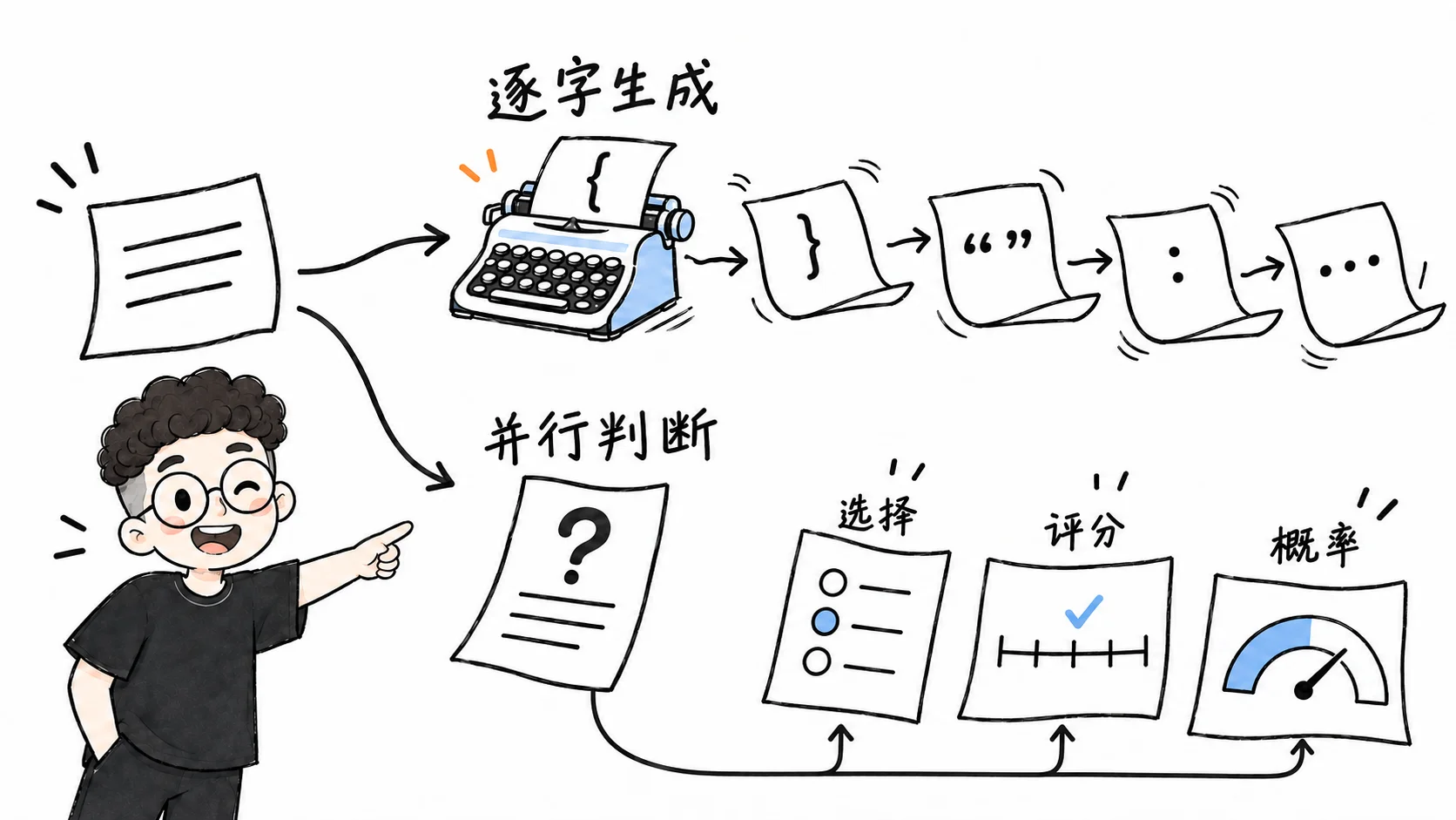 逐字生成与并行判断的输出过程示意