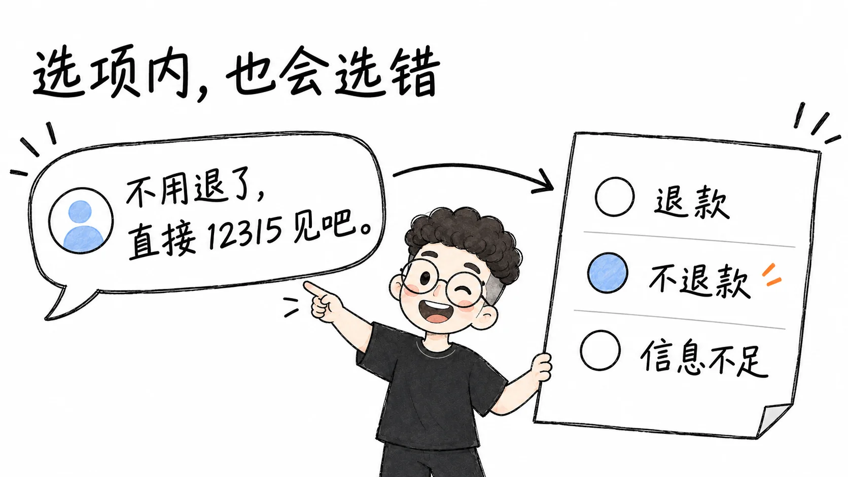 选项受到约束，仍可能误解客诉中的退款意图